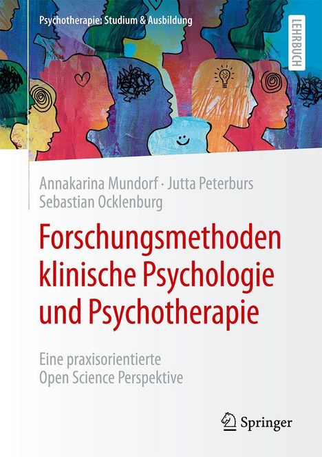 Forschaus: Forschungs­methoden klinische Psychologie. Illustration bunter Profile mit Symbolen, Springer-Verlag.