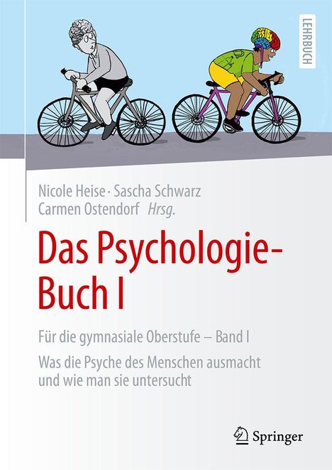 „Das Psychologie-Buch I“ für die gymnasiale Oberstufe. Zwei Menschen auf Fahrrädern, einer mit Regenbogenhelm.