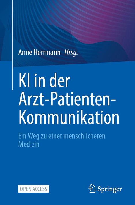"KI in der Arzt-Patienten-Kommunikation" von Anne Herrmann. Blauer Hintergrund mit Flächen und Kreismustern.
