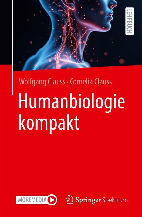 Text: "Wolfgang Clauss · Cornelia Clauss", "Humanbiologie kompakt", Logos von MOREMEDIA und Springer. Illustration eines Profils mit leuchtenden Nervenbahnen.