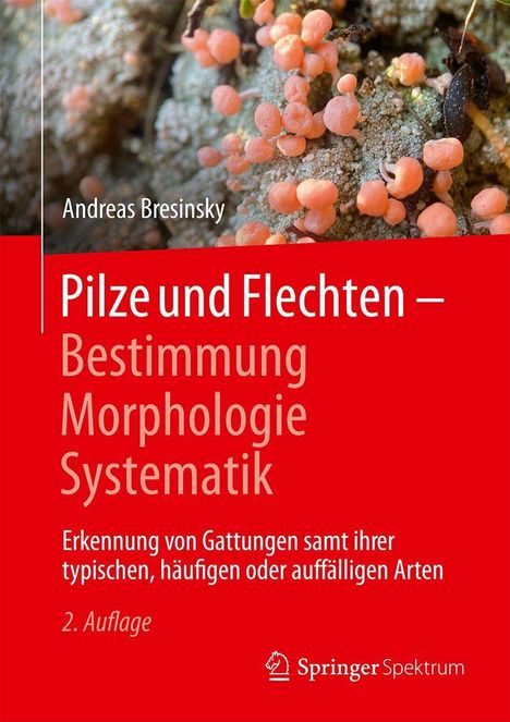 Text: "Pilze und Flechten – Bestimmung, Morphologie, Systematik." Hintergrund zeigt rosa Flechten auf Felsen.