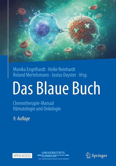 „Das Blaue Buch“, 9. Auflage. Chemotherapie-Manual Hämatologie und Onkologie. Diagramm von Zellen oder Viren im Hintergrund.