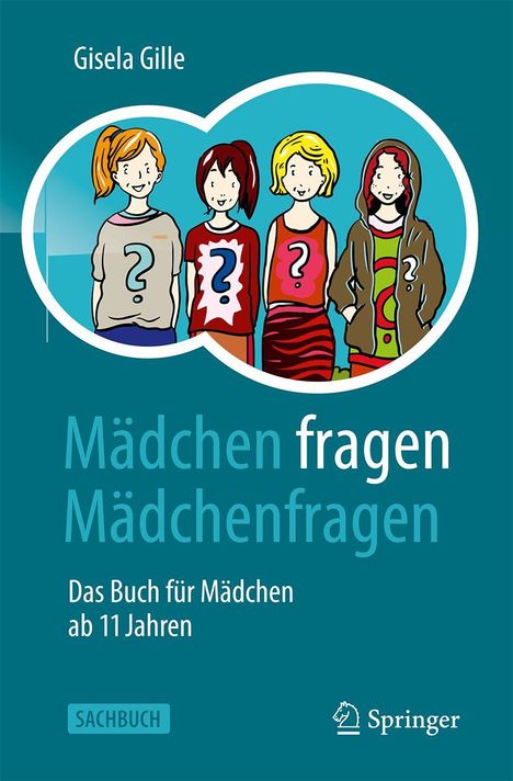 "Mädchen fragen, Mädchenfragen. Das Buch für Mädchen ab 11 Jahren." Illustration: Vier Mädchen mit Fragezeichen.