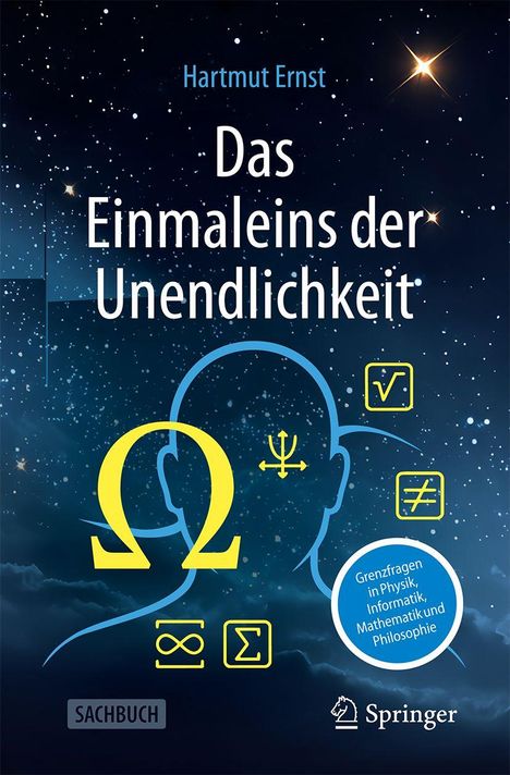 „Das Einmaleins der Unendlichkeit.“ Dunkler Himmel, Sterne, Kopf-Silhouette, mathematische Symbole.