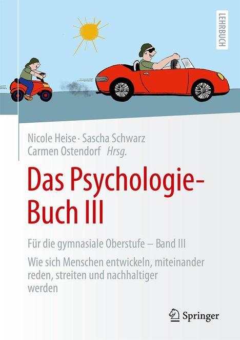 "Das Psychologie-Buch III" zeigt eine Illustration von zwei Personen in Fahrzeugen, darunter ein Auto und ein Spielzeugauto.