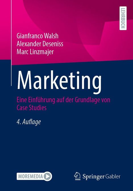 Text: "Marketing. Eine Einführung auf der Grundlage von Case Studies. 4. Auflage." Blau-pinkes Buchcover, Logos unten.