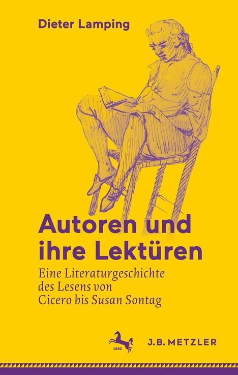 Titel: "Autoren und ihre Lektüren". Illustration einer Person beim Lesen, gelber Hintergrund. Autor: Dieter Lamping.