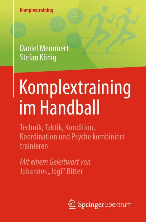 "Komplextraining im Handball" von Daniel Memmert und Stefan König. Grüner Hintergrund, rote Elemente, Springer-Logo.