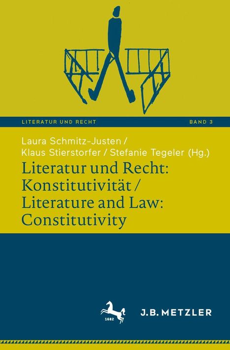„Literatur und Recht: Konstitutivität“ steht oben. Silhouette eines gehenden Menschen vor Brücke; dunkelblauer Hintergrund.