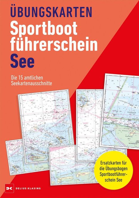 "Übungskarten Sportbootführerschein See" steht oben. Darunter Seekartenausschnitte auf rotem Hintergrund.