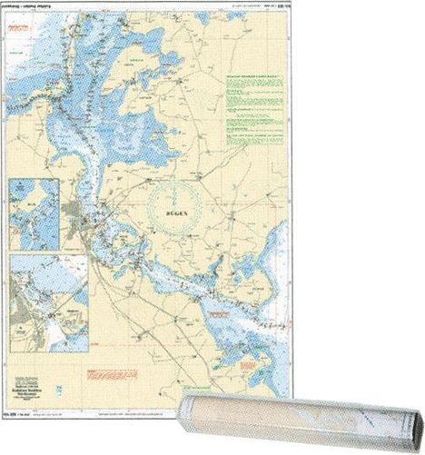 Seekarte von Bergen mit geografischen Details und einem gerollten Teil unten rechts.