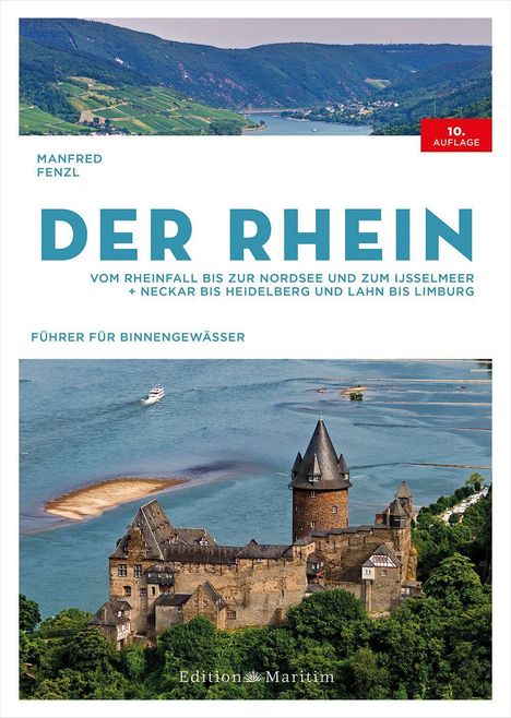 "DER RHEIN" Führer für Binnengewässer. Bild: Fluss mit Schloss und Hügeln, ein Schiff fährt auf dem Wasser.