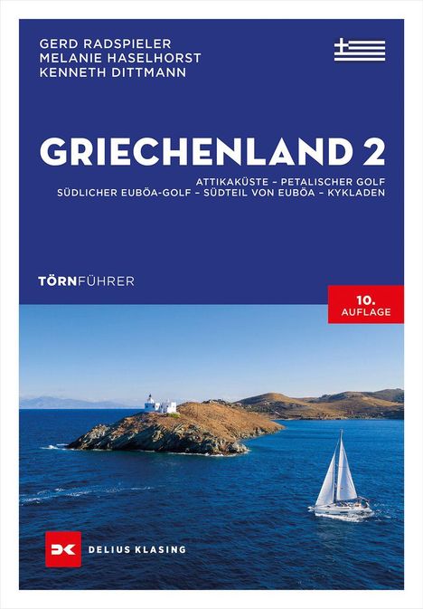 "Griechenland 2 – Törnführer" steht oben. Unten ein Segelboot nahe einer felsigen Insel mit einem Leuchtturm.