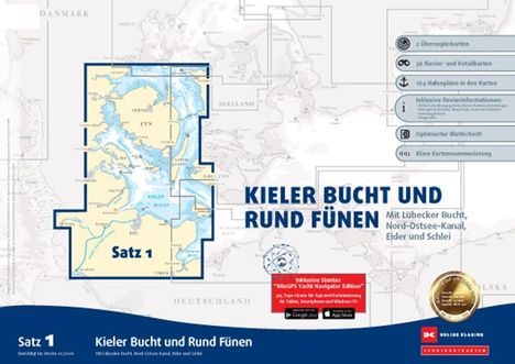 "KIELER BUCHT UND RUND FÜNEN" steht groß auf einer Seekarte. Satz 1 zeigt Bereiche nahe der dänischen Insel Fünen.