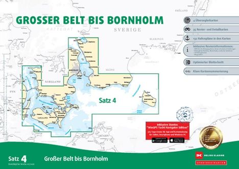 "GROSSER BELT BIS BORNHOLM"; Details: 4 Übersichtskarten, 35 Revierkarten, 132 Hafenpläne. Satz 4 markiert auf Karte.