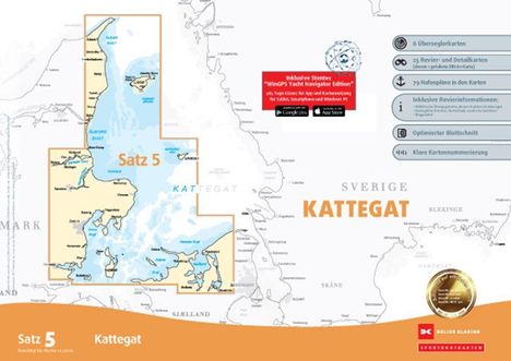 "Satz 5 Kattegat", Kartenausschnitt von Dänemark und Schweden mit Gewässern und Küsten. Icons und Text links oben.