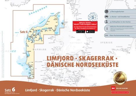 Limfjord, Skagerrak, Dänische Nordseeküste. Satz 6. Karte mit Meer und Küstenlinie. Elemente für Navigation.