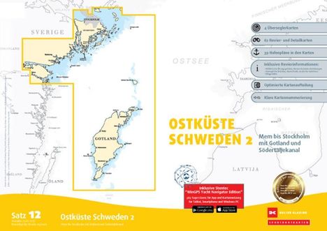 "Ostküste Schweden 2. Mem bis Stockholm mit Gotland und Södertäljekanal." Karte mit Küsten und Inseln.