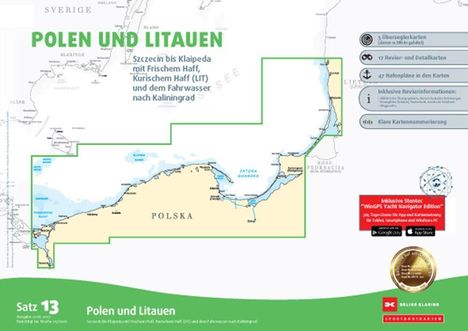 "POLEN UND LITAUEN: Karte mit Routen von Szczecin bis Klaipeda. Zudem App-Informationen und Revierkarten angezeigt."