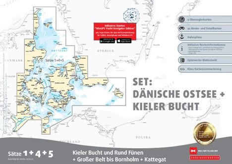 Set: Dänische Ostsee + Kieler Bucht. Sätze 1+4+5. Karte von Dänemark, Schleswig-Holstein und Umgebung, mit Gewässern.