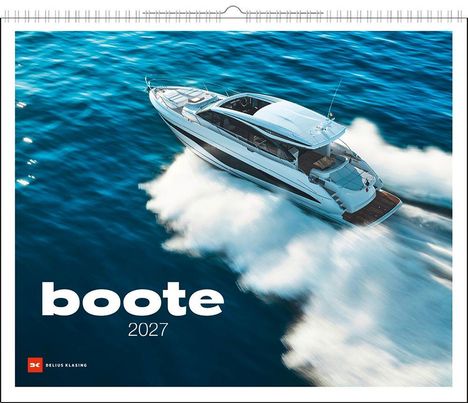Text: „boote 2027“. Ein Motorboot fährt schnell über blaues Wasser, aufgewühlte Wellen an den Seiten.