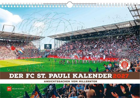 Der FC St. Pauli Kalender 2027. Ansichtssachen vom Millerntor. Stadion voller Fans, bunte Konfetti, FC St. Pauli-Logo.