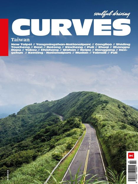 Oben steht "CURVES" und "soulful driving". Darunter Orte in Taiwan. Eine kurvige Straße führt durch grüne Hügel.