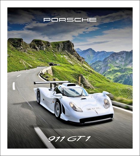 "Porsche", "911 GT1"; Ein weißer Sportwagen fährt auf einer kurvigen Bergstraße mit grüner Landschaft und blauem Himmel.