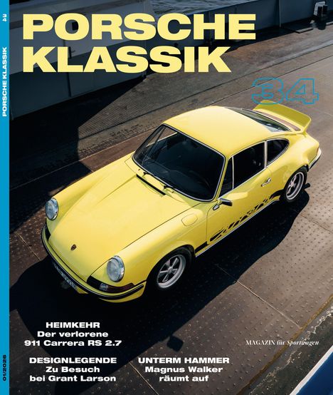„PORSCHE KLASSIK 34“. Ein gelber Porsche 911 auf Metalloberfläche, stilvolle Aufnahme von oben.