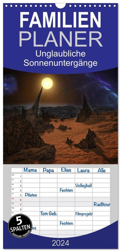 Alain Gaymard: Familienplaner 2024 - Unglaubliche Sonnenuntergänge mit 5 Spalten (Wandkalender, 21 x 45 cm) CALVENDO, Kalender