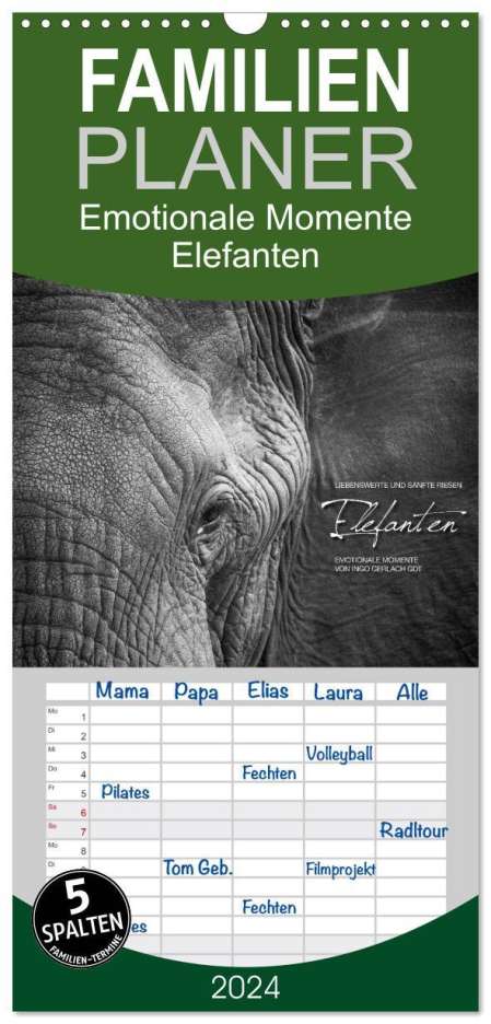 Ingo Gerlach GDT: Familienplaner 2024 - Emotionale Momente: Elefanten in black &amp; white mit 5 Spalten (Wandkalender, 21 x 45 cm) CALVENDO, Kalender