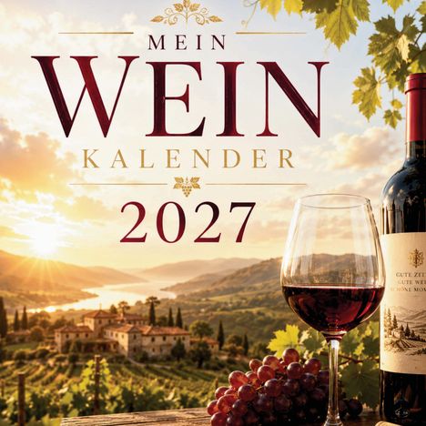 "MEIN WEIN KALENDER 2027". Eine Weinflasche und ein Glas auf einem Tisch, im Hintergrund eine idyllische Landschaft bei Sonnenuntergang.
