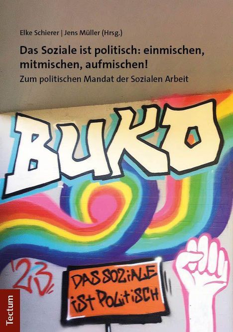 Text oben: Elke Schierer | Jens Müller (Hrsg.). Titel: Das Soziale ist politisch. Bunte Graffiti-Wand mit erhobener Faust.