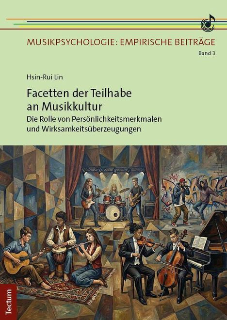 "Facetten der Teilhabe an Musikkultur" von Hsin-Rui Lin. Illustration mit Musikern verschiedener Genres und Instrumente.
