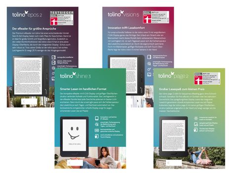 Vier Anzeigen für tolino eReader-Modelle: epos 2, vision 5, shine 3 und page 2 mit verschiedenen Features und Vorteilen.