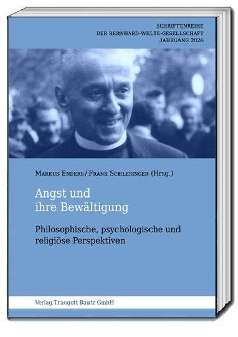 "Angst und ihre Bewältigung" von Enders/Schlesinger. Zu sehen: lächelnder Mann in schwarz-weißem Foto, blaues Buchcover.