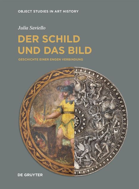 "Der Schild und das Bild: Geschichte einer engen Verbindung" von Julia Saviello. Ein halber bunter Schild, halb metallisch.
