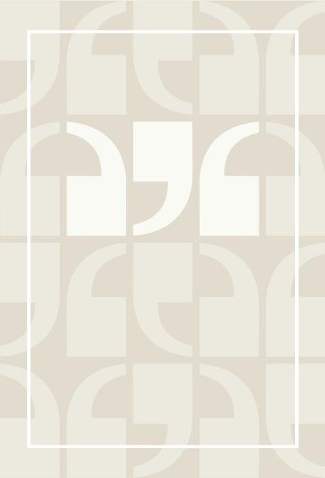 In der Mitte ein großes Komma-Zeichen, umgeben von einem symmetrischen Muster aus beigen und weißen flächigen Formen.