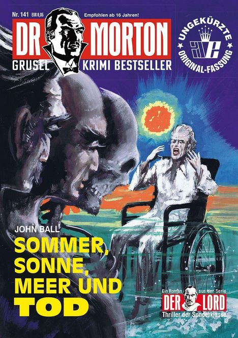 "DR. MORTON", "Sommer, Sonne, Meer und Tod". Illustration mit zwei unheimlichen Figuren und einer Person im Rollstuhl.
