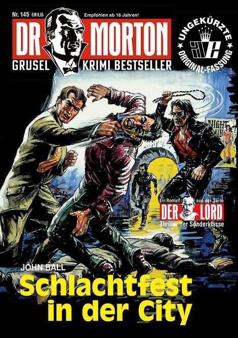 „Schlachtfest in der City“. Illustration zeigt einen Kampf zwischen mehreren Männern in einer nächtlichen Straßenszene.