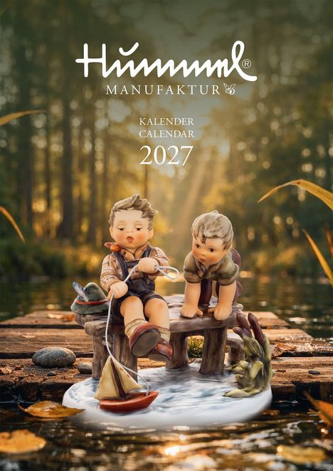 Text: Hummel Manufaktur, Kalender Calendar 2027. Zwei Kinderfiguren angeln auf einem Steg am Wasser.