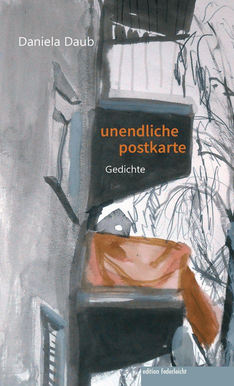 Text: "Daniela Daub, unendliche postkarte, Gedichte, edition federleicht." 

Cover mit gemalter Balkonszene in Grautönen mit orangem Stoff.