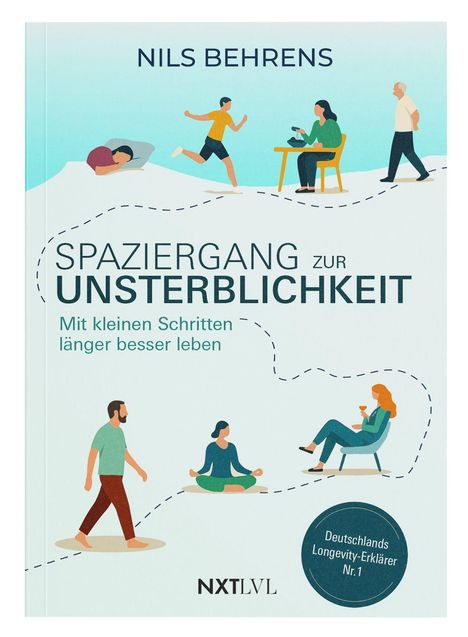 „SPAZIERGANG ZUR UNSTERBLICHKEIT“ und „Mit kleinen Schritten länger besser leben“ auf hellem Hintergrund mit Illustrationen.