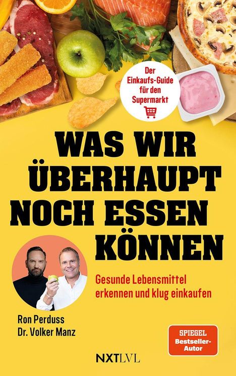 "Was wir überhaupt noch essen können" und Autorennamen, gelbes Design mit diversen Lebensmitteln und Gesichtern.