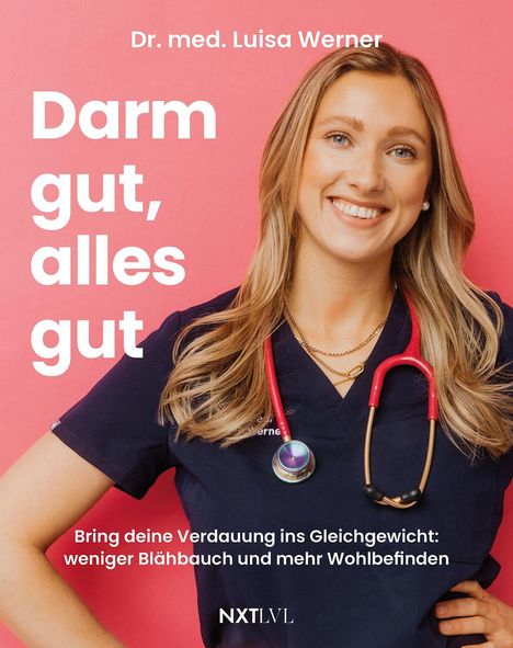 Der Text lautet: "Darm gut, alles gut. Bring deine Verdauung ins Gleichgewicht: weniger Blähbauch und mehr Wohlbefinden." Eine lächelnde Frau in medizinischem Outfit mit Stethoskop.