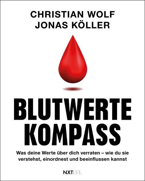 Text: „Christian Wolf, Jonas Köller, Blutwerte Kompass.“ Darunter: „Was deine Werte über dich verraten…“   
Bild: Roter Blutstropfen.