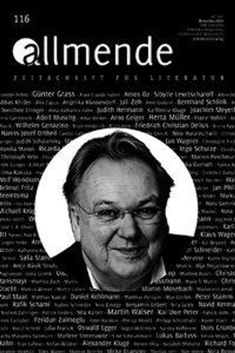 "allmende. Zeitschrift für Literatur." Ein Porträt eines Mannes vor einem Hintergrund aus vielen Namen.