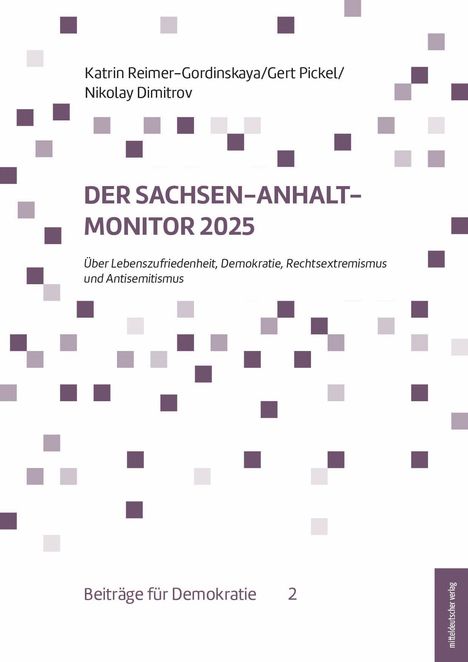 "DER SACHSEN-ANHALT-MONITOR 2025" mit bunten Quadraten; Thema: Lebenszufriedenheit, Demokratie, Rechtsextremismus.