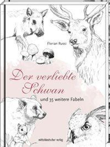 "Der verliebte Schwan und 35 weitere Fabeln." Zeichnungen von Tieren: Schwein, Hirsch, Eule, und Bär.