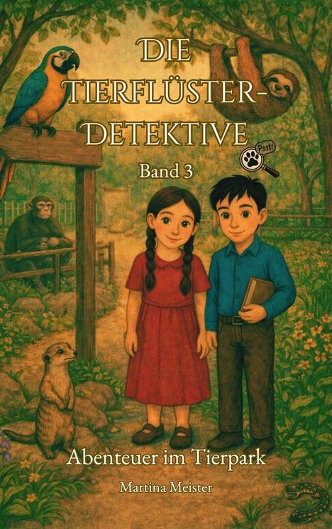 „DIE TIERFLÜSTER-DETEKTIVE Band 3, Abenteuer im Tierpark, Martina Meister.“ Zwei Kinder und Tiere im Park. Verspielte Illustration.
